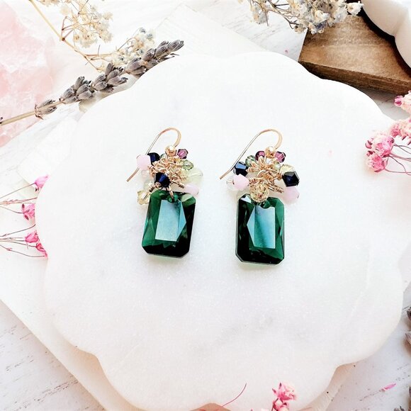 New Gorgeous Emerald Cut Crystal Cluster Drop Earrings | Handmade in BC - Picture 1 of 4